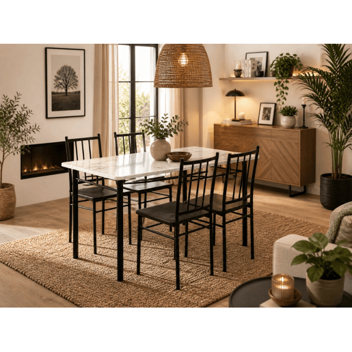 Conjunto de Mesa + 4 Cadeiras, Brand (Preto, Mármore) Conjunto de Mesa + 4 Cadeiras, Brand (Preto, Mármore)