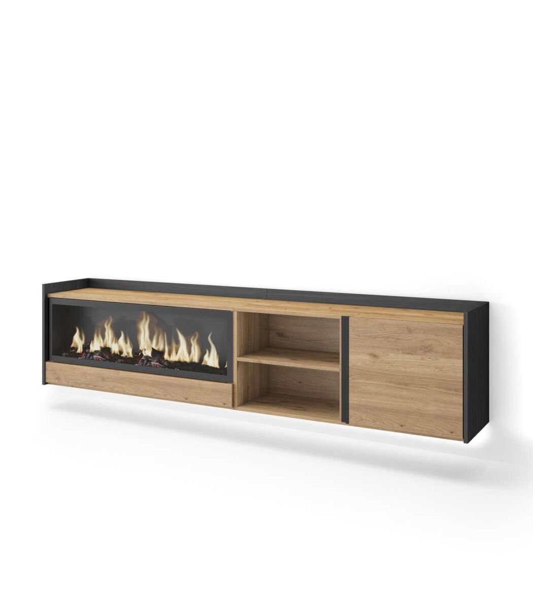 mueble tv pizarra-01 suspendido con chimenea y luces led