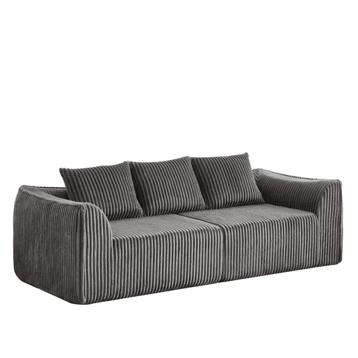 Sofá Minimalista 235 cm 3 lugares - Linhas curvas, encosto ligeiramente inclinado, com duas almofadas - Cinza Sofá Minimalista 235 cm 3 lugares - Linhas curvas, encosto ligeiramente inclinado, com duas almofadas - Cinza