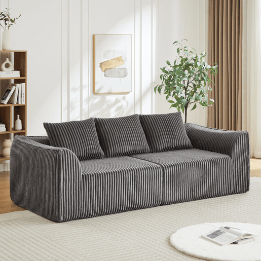 Sofá Minimalista 235 cm 3 lugares - Linhas curvas, encosto ligeiramente inclinado, com duas almofadas - Cinza Sofá Minimalista 235 cm 3 lugares - Linhas curvas, encosto ligeiramente inclinado, com duas almofadas - Cinza