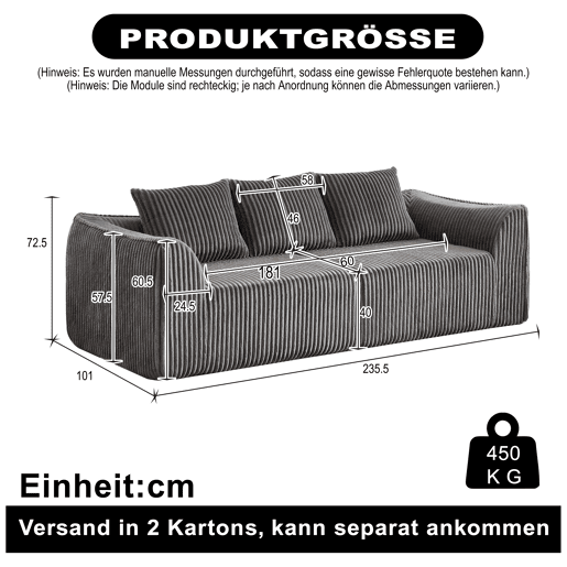 Sofá Minimalista 235 cm 3 lugares - Linhas curvas, encosto ligeiramente inclinado, com duas almofadas - Cinza Sofá Minimalista 235 cm 3 lugares - Linhas curvas, encosto ligeiramente inclinado, com duas almofadas - Cinza