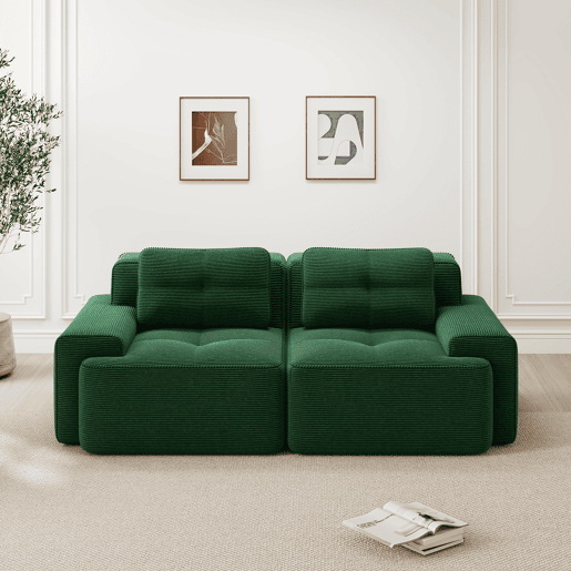 Sofá modular sem estrutura - 2 lugares, moderno, assento profundo, veludo cotelê, cama - Verde