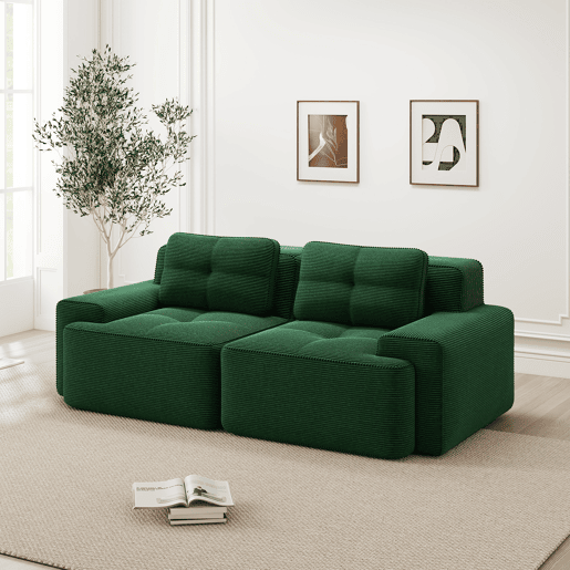 Sofá modular sem estrutura - 2 lugares, moderno, assento profundo, veludo cotelê, cama - Verde