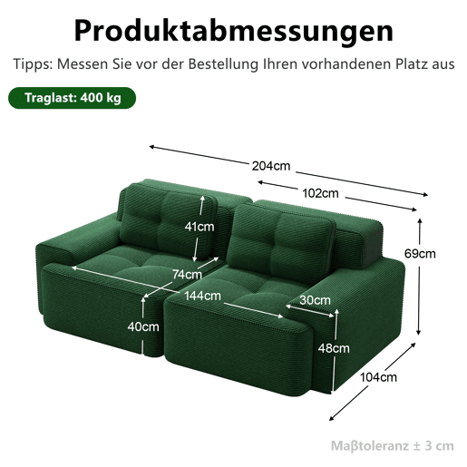 Sofá modular sem estrutura - 2 lugares, moderno, assento profundo, veludo cotelê, cama - Verde