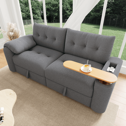 Sofá de 2 lugares - modular, com arrumação, apoio para a cabeça e mesa auxiliar integrada - cinzento Sofá de 2 lugares - modular, com arrumação, apoio para a cabeça e mesa auxiliar integrada - cinzento