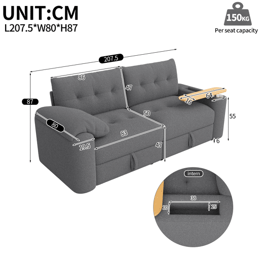 Sofá de 2 lugares - modular, com arrumação, apoio para a cabeça e mesa auxiliar integrada - cinzento Sofá de 2 lugares - modular, com arrumação, apoio para a cabeça e mesa auxiliar integrada - cinzento