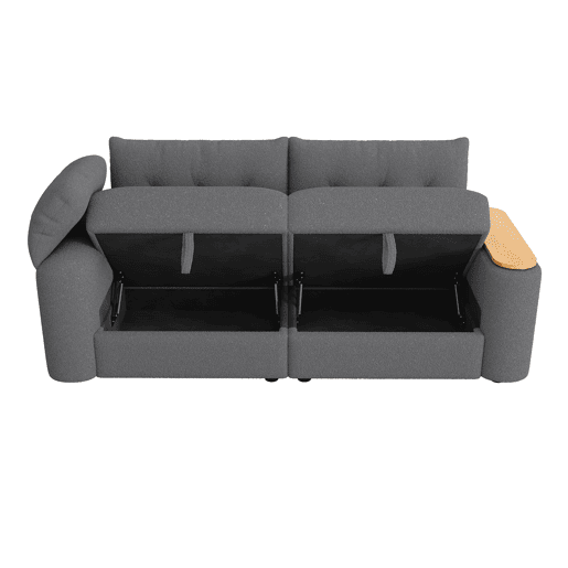 Sofá de 2 lugares - modular, com arrumação, apoio para a cabeça e mesa auxiliar integrada - cinzento Sofá de 2 lugares - modular, com arrumação, apoio para a cabeça e mesa auxiliar integrada - cinzento