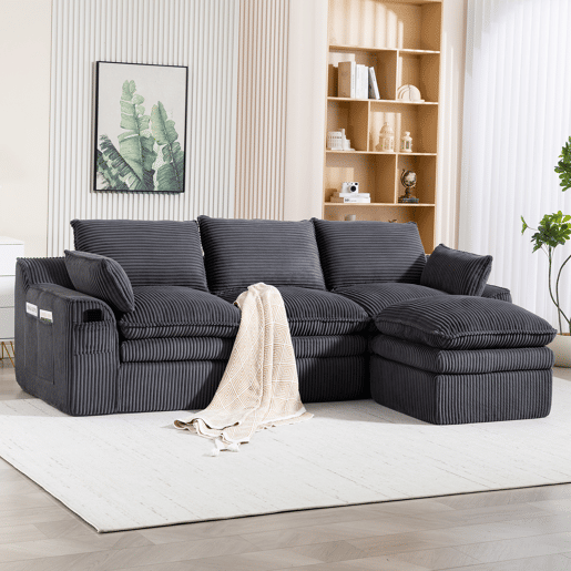 Sofá modular de 3 lugares - Com almofadas e 2 bolsos laterais, espuma de 3 camadas + molas para recuperação rápida - Cinza escuro Sofá modular de 3 lugares - Com almofadas e 2 bolsos laterais, espuma de 3 camadas + molas para recuperação rápida - Cinza escuro