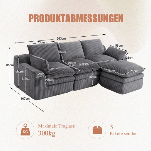 Sofá modular de 3 lugares - Com almofadas e 2 bolsos laterais, espuma de 3 camadas + molas para recuperação rápida - Cinza escuro Sofá modular de 3 lugares - Com almofadas e 2 bolsos laterais, espuma de 3 camadas + molas para recuperação rápida - Cinza escuro