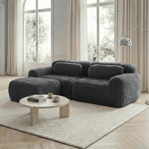 Sofá modular L 3 lugares - Tecido felpudo, sem montagem, com almofadas, antiderrapante - Cinza Sofá modular L 3 lugares - Tecido felpudo, sem montagem, com almofadas, antiderrapante - Cinza