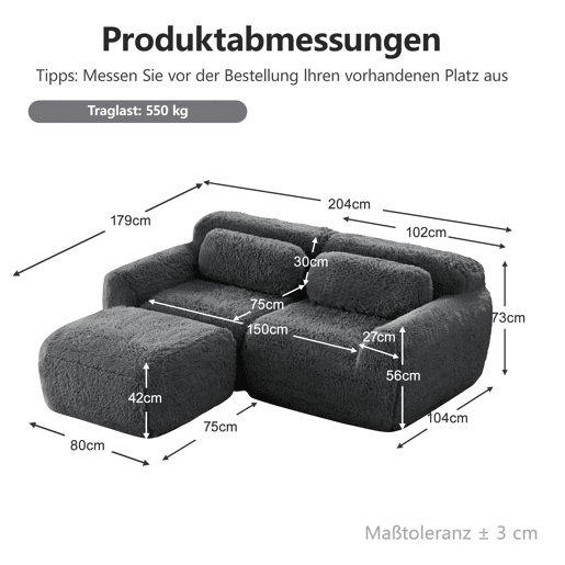 Sofá modular L 3 lugares - Tecido felpudo, sem montagem, com almofadas, antiderrapante - Cinza Sofá modular L 3 lugares - Tecido felpudo, sem montagem, com almofadas, antiderrapante - Cinza