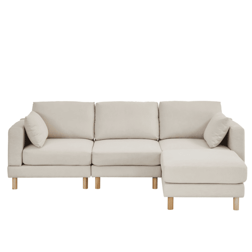 Sofá de canto nórdico de 3 lugares com pufe 235x152x78 cm - em L, poliéster, pés em madeira maciça, estilo moderno - bege Sofá de canto nórdico de 3 lugares com pufe 235x152x78 cm - em L, poliéster, pés em madeira maciça, estilo moderno - bege