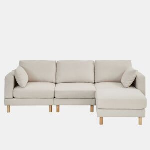Sofá de canto nórdico de 3 lugares com pufe 235x152x78 cm - em L, poliéster, pés em madeira maciça, estilo moderno - bege