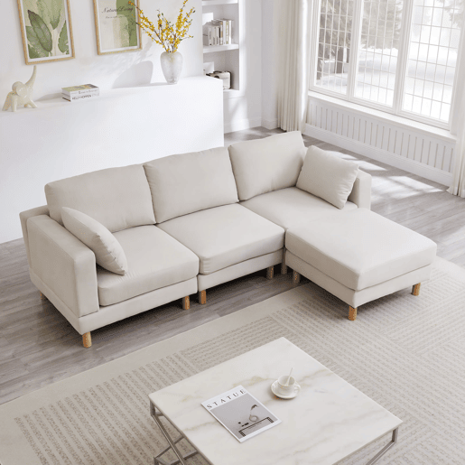 Sofá de canto nórdico de 3 lugares com pufe 235x152x78 cm - em L, poliéster, pés em madeira maciça, estilo moderno - bege Sofá de canto nórdico de 3 lugares com pufe 235x152x78 cm - em L, poliéster, pés em madeira maciça, estilo moderno - bege