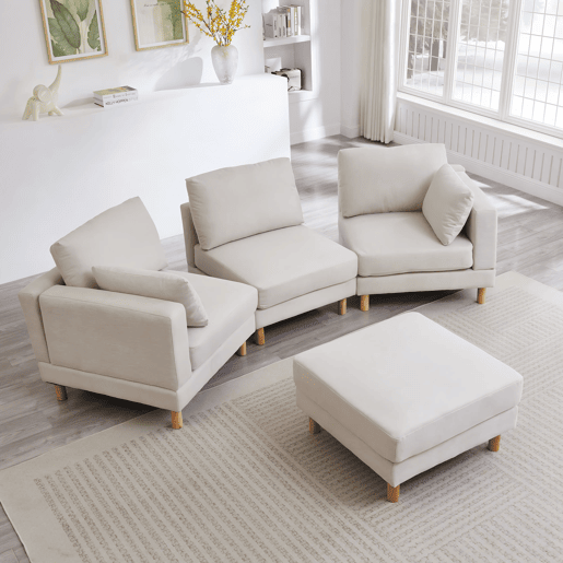 Sofá de canto nórdico de 3 lugares com pufe 235x152x78 cm - em L, poliéster, pés em madeira maciça, estilo moderno - bege Sofá de canto nórdico de 3 lugares com pufe 235x152x78 cm - em L, poliéster, pés em madeira maciça, estilo moderno - bege