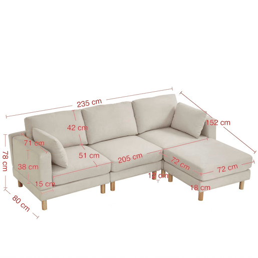 Sofá de canto nórdico de 3 lugares com pufe 235x152x78 cm - em L, poliéster, pés em madeira maciça, estilo moderno - bege Sofá de canto nórdico de 3 lugares com pufe 235x152x78 cm - em L, poliéster, pés em madeira maciça, estilo moderno - bege