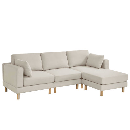 Sofá de canto nórdico de 3 lugares com pufe 235x152x78 cm - em L, poliéster, pés em madeira maciça, estilo moderno - bege Sofá de canto nórdico de 3 lugares com pufe 235x152x78 cm - em L, poliéster, pés em madeira maciça, estilo moderno - bege