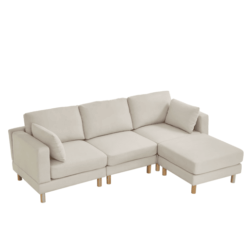 Sofá de canto nórdico de 3 lugares com pufe 235x152x78 cm - em L, poliéster, pés em madeira maciça, estilo moderno - bege Sofá de canto nórdico de 3 lugares com pufe 235x152x78 cm - em L, poliéster, pés em madeira maciça, estilo moderno - bege