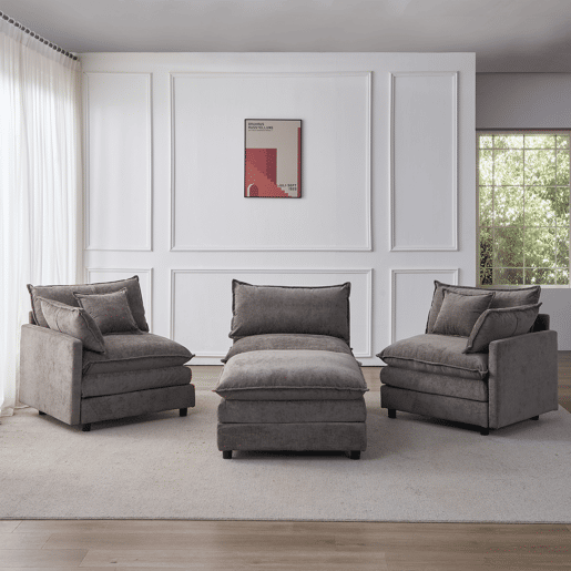 Sofá de canto modular de 3 lugares - em chenille com chaise longue e pufe, ideal para apartamentos pequenos e salas de estar, confortável para toda a família e respirável - cinzento