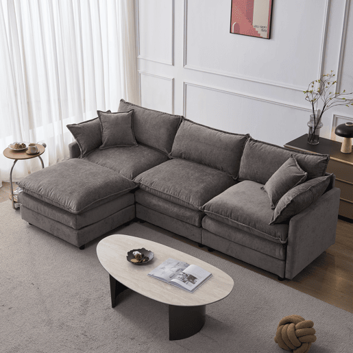 Sofá de canto modular de 3 lugares - em chenille com chaise longue e pufe, ideal para apartamentos pequenos e salas de estar, confortável para toda a família e respirável - cinzento