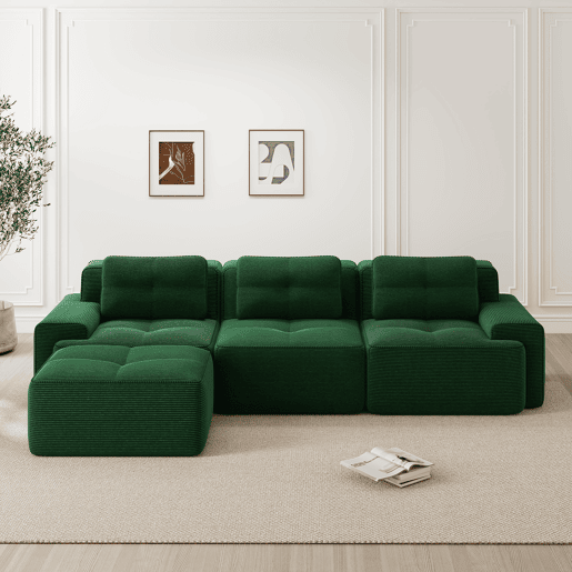 Sofá modular L 3 lugares - Cloud, com otomano e estofamento em veludo cotelê, montagem livre - Verde Sofá modular L 3 lugares - Cloud, com otomano e estofamento em veludo cotelê, montagem livre - Verde