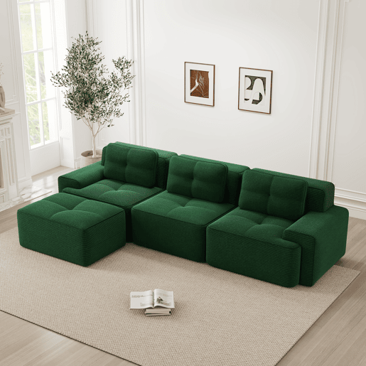 Sofá modular L 3 lugares - Cloud, com otomano e estofamento em veludo cotelê, montagem livre - Verde Sofá modular L 3 lugares - Cloud, com otomano e estofamento em veludo cotelê, montagem livre - Verde