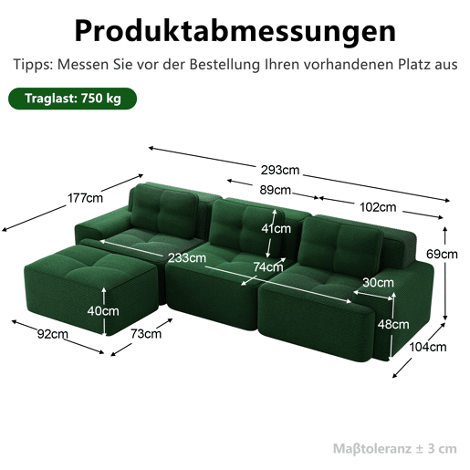 Sofá modular L 3 lugares - Cloud, com otomano e estofamento em veludo cotelê, montagem livre - Verde Sofá modular L 3 lugares - Cloud, com otomano e estofamento em veludo cotelê, montagem livre - Verde