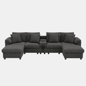 Sofá modular em forma de U e L com 6 lugares u2013 com altifalante Bluetooth, consola, arrumação, carregamento sem fios, portas USB, porta-copos e almofadas u2013 cinzento
