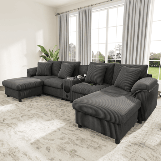 Sofá modular em forma de U e L com 6 lugares u2013 com altifalante Bluetooth, consola, arrumação, carregamento sem fios, portas USB, porta-copos e almofadas u2013 cinzento Sofá modular em forma de U e L com 6 lugares u2013 com altifalante Bluetooth, consola, arrumação, carregamento sem fios, portas USB, porta-copos e almofadas u2013 cinzento