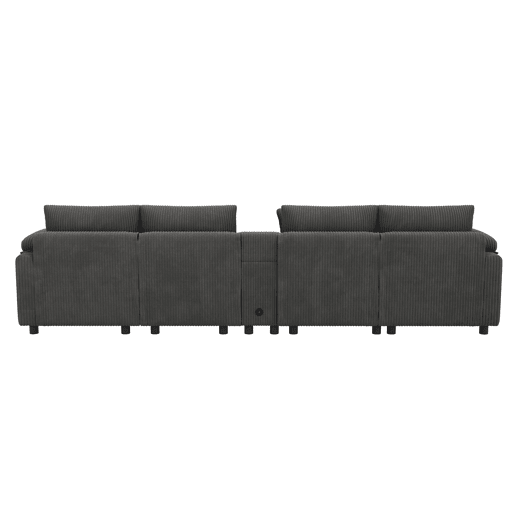 Sofá modular em forma de U e L com 6 lugares u2013 com altifalante Bluetooth, consola, arrumação, carregamento sem fios, portas USB, porta-copos e almofadas u2013 cinzento Sofá modular em forma de U e L com 6 lugares u2013 com altifalante Bluetooth, consola, arrumação, carregamento sem fios, portas USB, porta-copos e almofadas u2013 cinzento