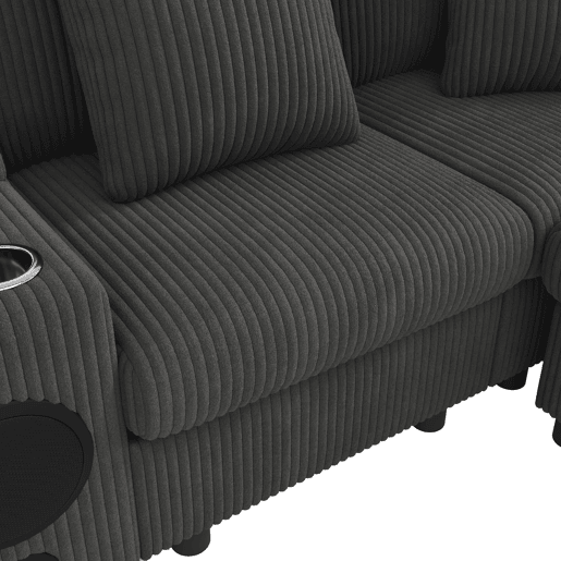 Sofá modular em forma de U e L com 6 lugares u2013 com altifalante Bluetooth, consola, arrumação, carregamento sem fios, portas USB, porta-copos e almofadas u2013 cinzento Sofá modular em forma de U e L com 6 lugares u2013 com altifalante Bluetooth, consola, arrumação, carregamento sem fios, portas USB, porta-copos e almofadas u2013 cinzento