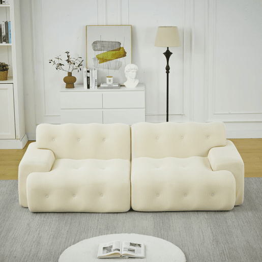 Sofá de 2 lugares grande - braços largos, design moderno com botões, formato curvo, sem montagem - bege Sofá de 2 lugares grande - braços largos, design moderno com botões, formato curvo, sem montagem - bege