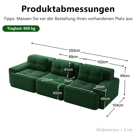 Sofá modular de 3 lugares - Cloud, profundo e confortável, sem montagem - Verde Sofá modular de 3 lugares - Cloud, profundo e confortável, sem montagem - Verde