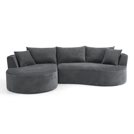 Sofá modular de 3 lugares com chaise longue à esquerda + sofá de 2 lugares - design curvo, tecido de veludo cotelê macio, porta-copos e almofadas, embalado a vácuo - cinzento Sofá modular de 3 lugares com chaise longue à esquerda + sofá de 2 lugares - design curvo, tecido de veludo cotelê macio, porta-copos e almofadas, embalado a vácuo - cinzento