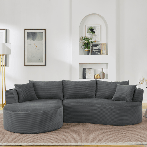 Sofá modular de 3 lugares com chaise longue à esquerda + sofá de 2 lugares - design curvo, tecido de veludo cotelê macio, porta-copos e almofadas, embalado a vácuo - cinzento Sofá modular de 3 lugares com chaise longue à esquerda + sofá de 2 lugares - design curvo, tecido de veludo cotelê macio, porta-copos e almofadas, embalado a vácuo - cinzento