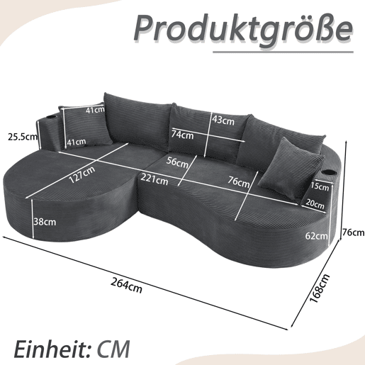 Sofá modular de 3 lugares com chaise longue à esquerda + sofá de 2 lugares - design curvo, tecido de veludo cotelê macio, porta-copos e almofadas, embalado a vácuo - cinzento Sofá modular de 3 lugares com chaise longue à esquerda + sofá de 2 lugares - design curvo, tecido de veludo cotelê macio, porta-copos e almofadas, embalado a vácuo - cinzento