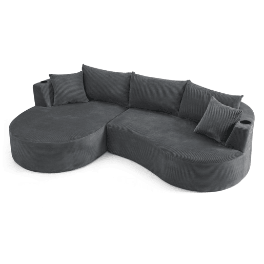 Sofá modular de 3 lugares com chaise longue à esquerda + sofá de 2 lugares - design curvo, tecido de veludo cotelê macio, porta-copos e almofadas, embalado a vácuo - cinzento Sofá modular de 3 lugares com chaise longue à esquerda + sofá de 2 lugares - design curvo, tecido de veludo cotelê macio, porta-copos e almofadas, embalado a vácuo - cinzento