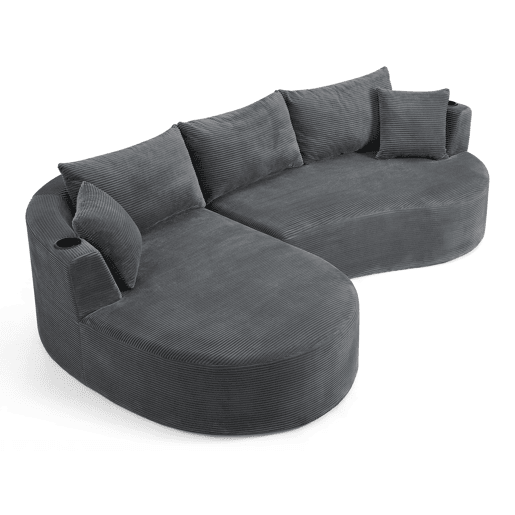 Sofá modular de 3 lugares com chaise longue à esquerda + sofá de 2 lugares - design curvo, tecido de veludo cotelê macio, porta-copos e almofadas, embalado a vácuo - cinzento Sofá modular de 3 lugares com chaise longue à esquerda + sofá de 2 lugares - design curvo, tecido de veludo cotelê macio, porta-copos e almofadas, embalado a vácuo - cinzento