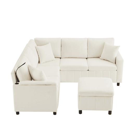Sofá de canto para 4 pessoas 205x205 cm - Chenille, cama, pufe, candeeiro, USBType-C, mesa oculta - Bege Sofá de canto para 4 pessoas 205x205 cm - Chenille, cama, pufe, candeeiro, USBType-C, mesa oculta - Bege
