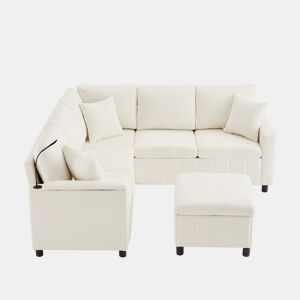 Sofá de canto para 4 pessoas 205x205 cm - Chenille, cama, pufe, candeeiro, USBType-C, mesa oculta - Bege