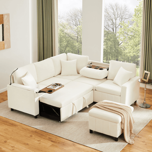 Sofá de canto para 4 pessoas 205x205 cm - Chenille, cama, pufe, candeeiro, USBType-C, mesa oculta - Bege Sofá de canto para 4 pessoas 205x205 cm - Chenille, cama, pufe, candeeiro, USBType-C, mesa oculta - Bege
