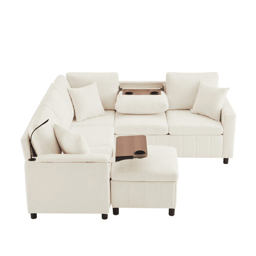 Sofá de canto para 4 pessoas 205x205 cm - Chenille, cama, pufe, candeeiro, USBType-C, mesa oculta - Bege Sofá de canto para 4 pessoas 205x205 cm - Chenille, cama, pufe, candeeiro, USBType-C, mesa oculta - Bege