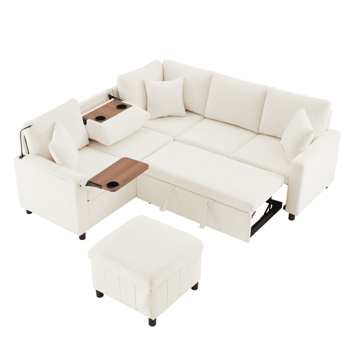 Sofá de canto para 4 pessoas 205x205 cm - Chenille, cama, pufe, candeeiro, USBType-C, mesa oculta - Bege Sofá de canto para 4 pessoas 205x205 cm - Chenille, cama, pufe, candeeiro, USBType-C, mesa oculta - Bege