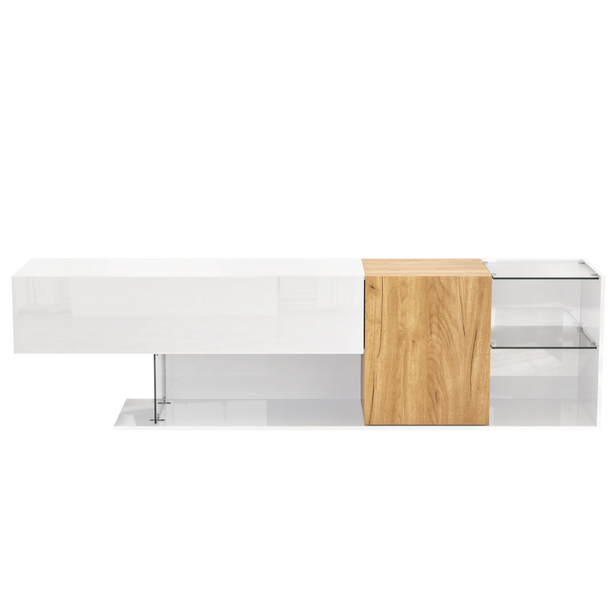 mueble tv 180 cm - diseno minimalista almacenamiento practico estantes de vidrio - blanco natural