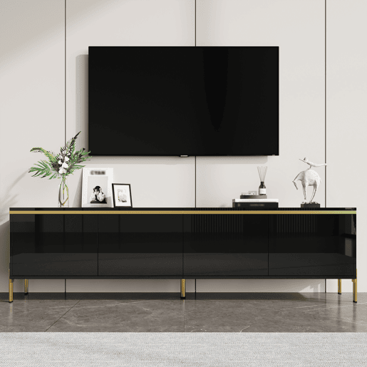 Móvel de TV moderno - 4 portas, alto brilho, arrumação, rebordo dourado - Preto Móvel de TV moderno - 4 portas, alto brilho, arrumação, rebordo dourado - Preto