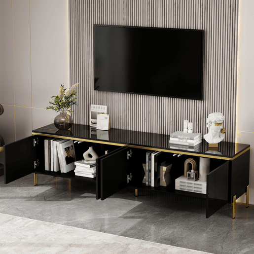 Móvel de TV moderno - 4 portas, alto brilho, arrumação, rebordo dourado - Preto Móvel de TV moderno - 4 portas, alto brilho, arrumação, rebordo dourado - Preto