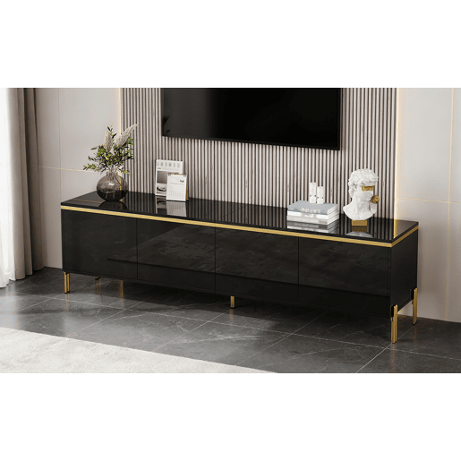 Móvel de TV moderno - 4 portas, alto brilho, arrumação, rebordo dourado - Preto Móvel de TV moderno - 4 portas, alto brilho, arrumação, rebordo dourado - Preto