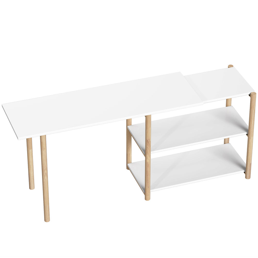 Homcom escritorio esquinero plegable, 150 cm, escritorio en l moderno con estantes de almacenamiento y marco de bambú, montaje fácil, para oficina en casa, dormitorio, estudio, blanco