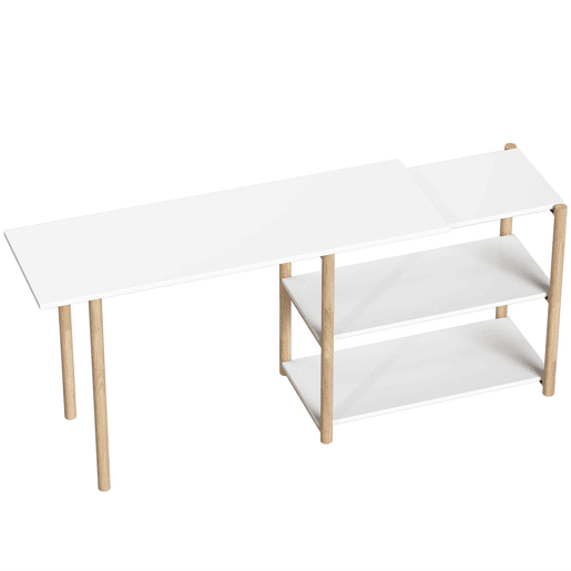 HOMCOM Secretária de Canto Dobrável 150 cm, Secretária em L com Prateleiras e Estrutura em Bambu, Branco HOMCOM Secretária de Canto Dobrável 150 cm, Secretária em L com Prateleiras e Estrutura em Bambu, Branco