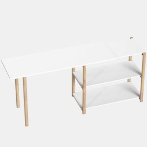 HOMCOM Secretária de Canto Dobrável 150 cm, Secretária em L com Prateleiras e Estrutura em Bambu, Branco